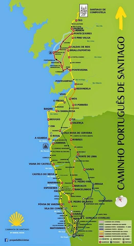 Portugalština camino pobřežní trasy mapě