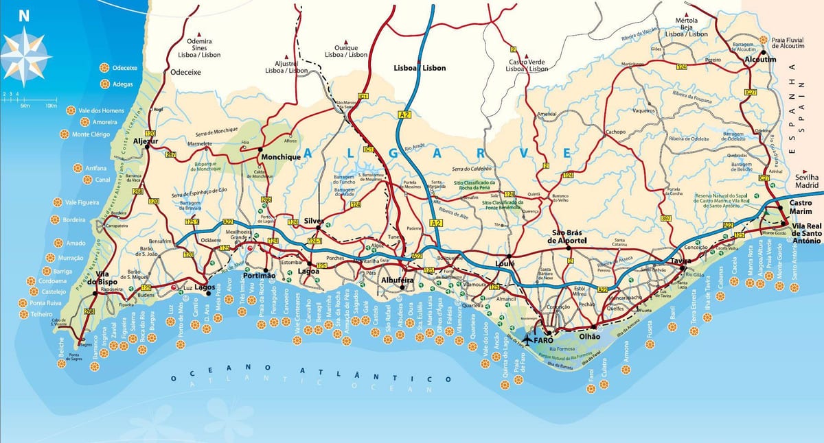 mapa jižního Portugalska