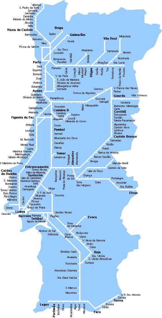 železniční mapa Portugalska