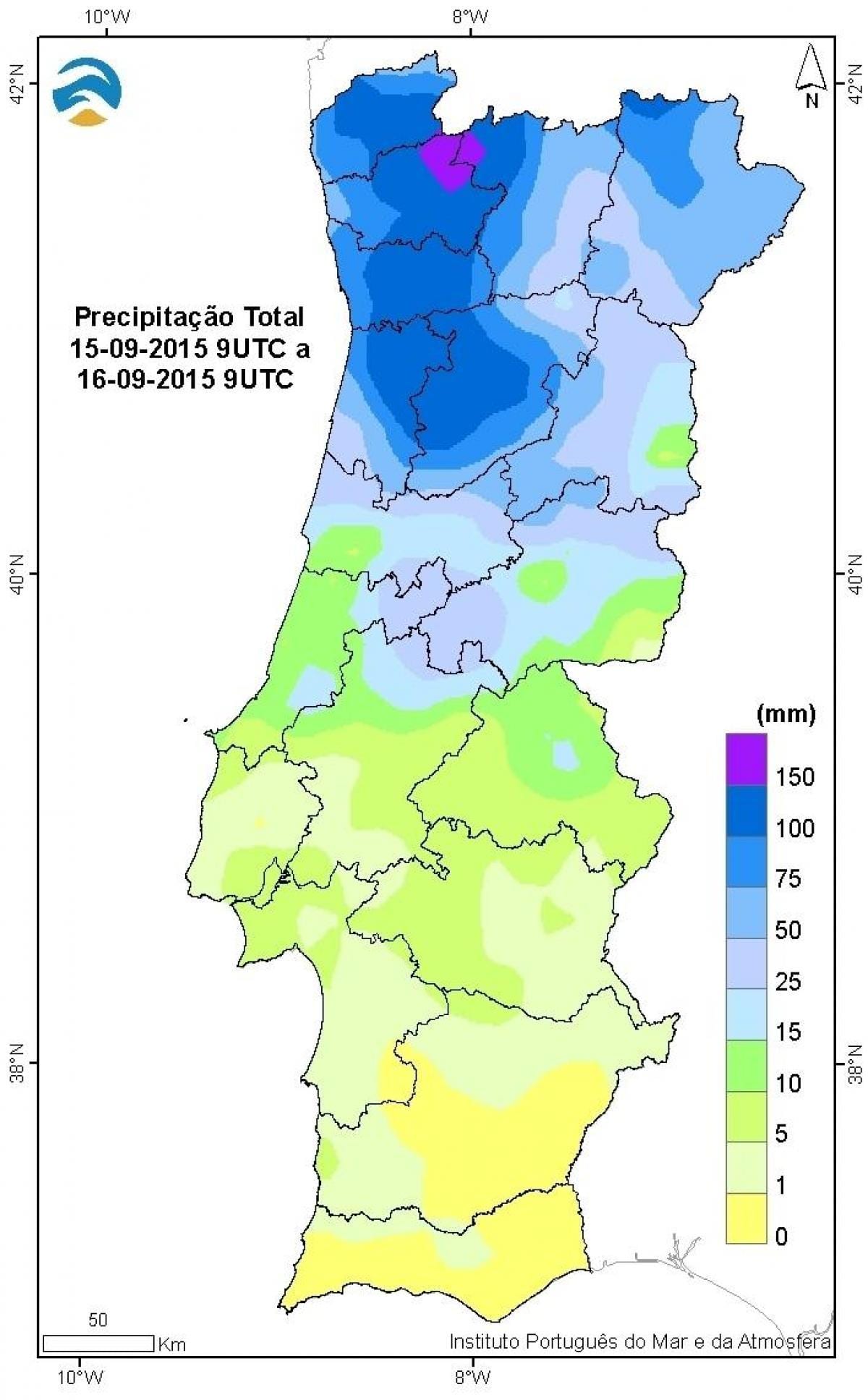 mapa Portugalska déšť