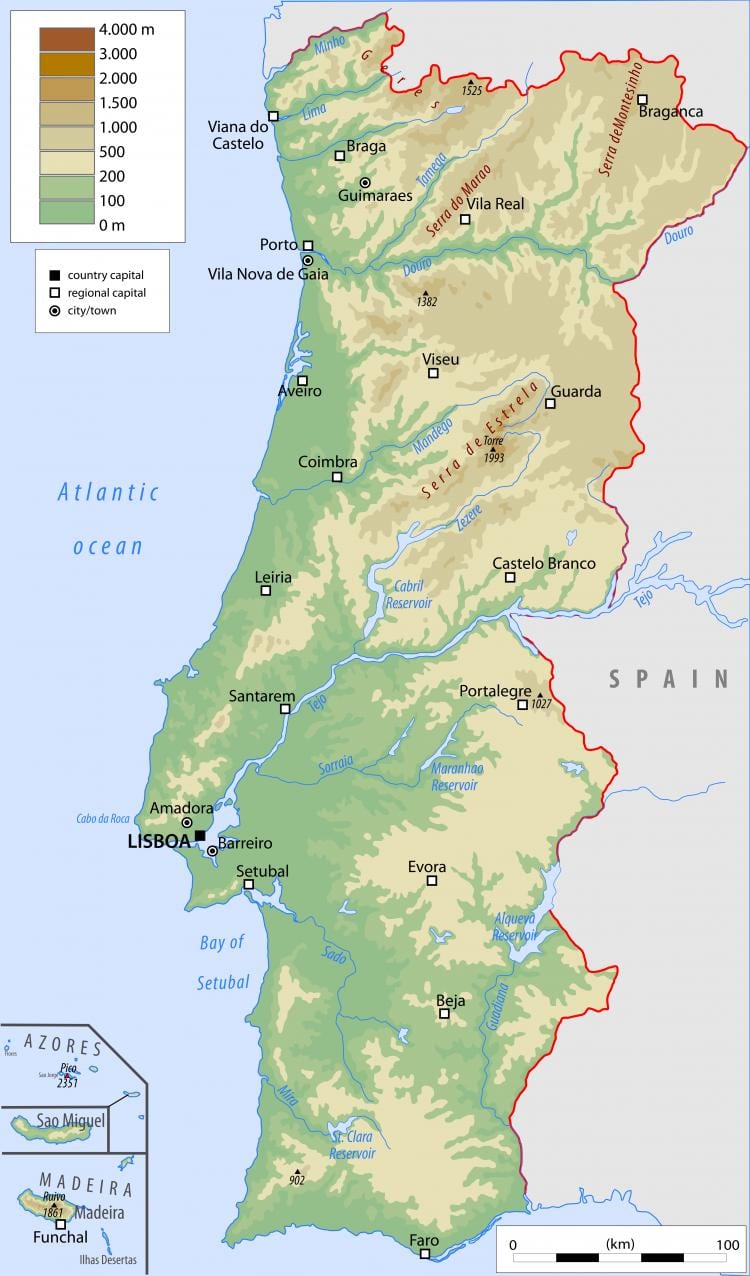 fyzická mapa Portugalska