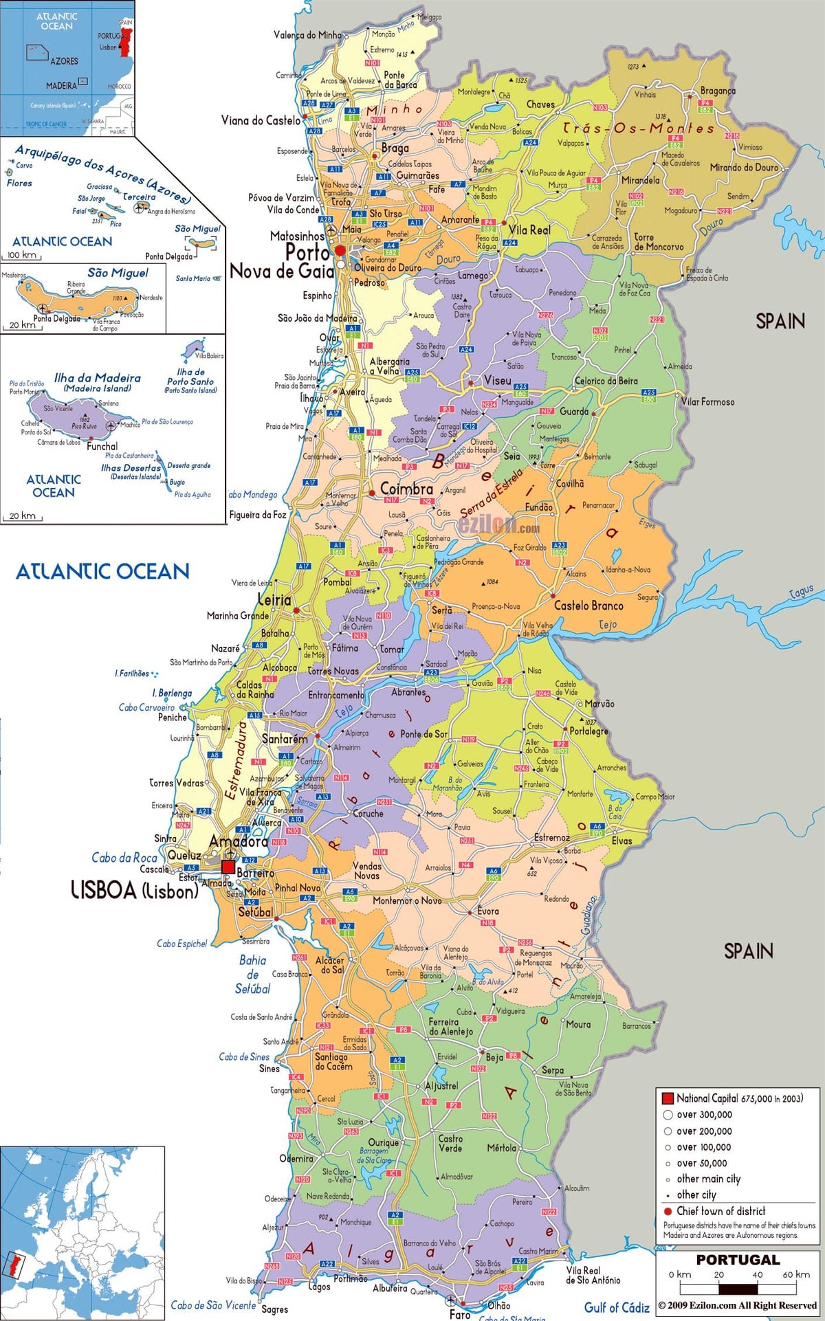 mapa Portugalska regionů
