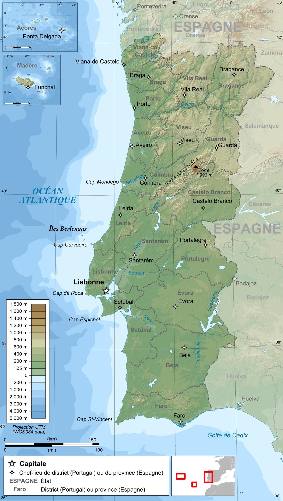 topografická mapa Portugalska